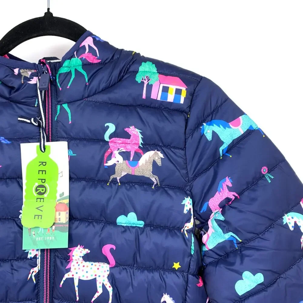Joules Right As Rain Collection Girls Sz 10 Rain Jacket Blue Horses Packable NEW